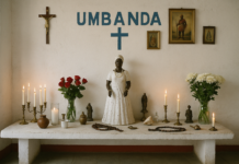 Terreiro de Umbanda: guia completo para sua primeira visita Altar de terreiro de umbanda com velas, flores e objetos espirituais em Belo Horizonte.