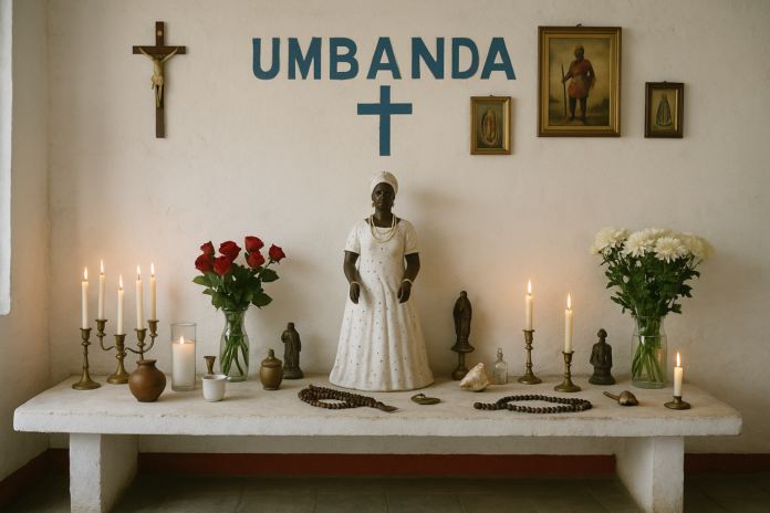 Altar de terreiro de umbanda com velas, flores e objetos espirituais em Belo Horizonte.