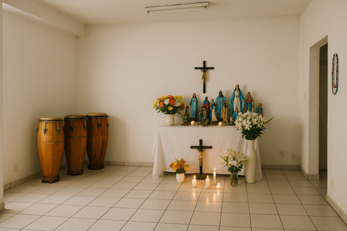 Interior de um terreiro de Umbanda em BH, com altar simples, atabaques e flores, sem pessoas.