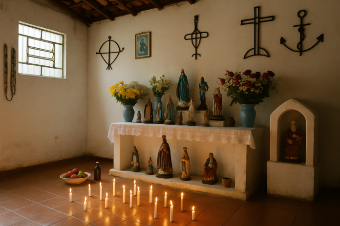 Altar de terreiro de Umbanda em BH Altar de terreiro de Umbanda em Belo Horizonte com velas e flores