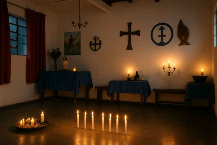 terreiro de umbanda perto de mim aberto hoje com velas acesas e símbolos espirituais em BH