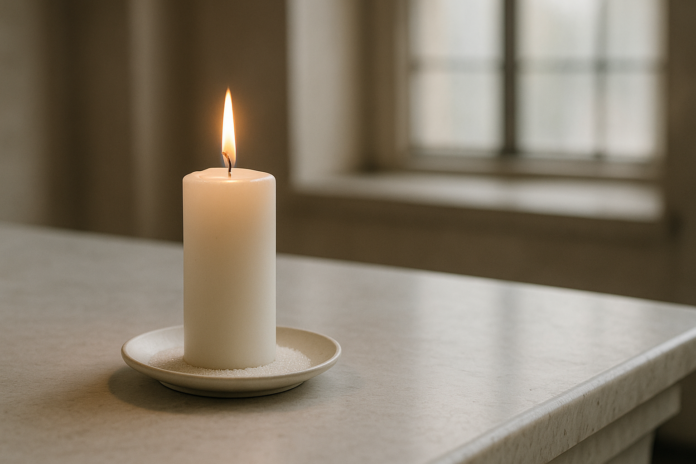 Como acender vela pro anjo da guarda com açúcar Vela branca acesa em pires com açúcar ao redor, em altar limpo.
