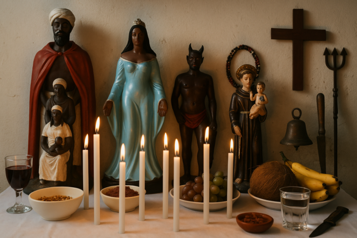 Altar de amarração amorosa em terreiro de BH Altar de Umbanda e Quimbanda em BH com velas e oferendas para amarração amorosa