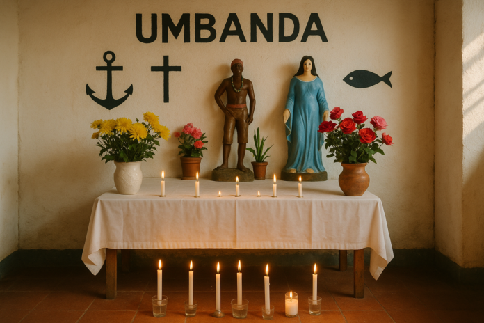 Altar de uma casa de umbanda em BH Altar de uma casa de umbanda em Belo Horizonte com velas, flores e símbolos espirituais, ambiente acolhedor.