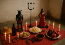 Quimbanda BH: guia real sobre trabalhos, terreiros e dúvidas Altar de Quimbanda em BH com velas, oferendas e símbolos de Exu e Pombagira.