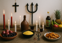 Quimbanda em BH: guia completo sobre trabalhos e terreiros Altar tradicional de Quimbanda em BH com velas, oferendas e símbolos.