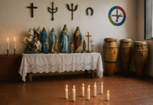 Terreiro de Umbanda em BH Centro: guia real, acolhimento e orientação Altar tradicional de terreiro de umbanda em BH Centro com velas, atabaques e símbolos espirituais.