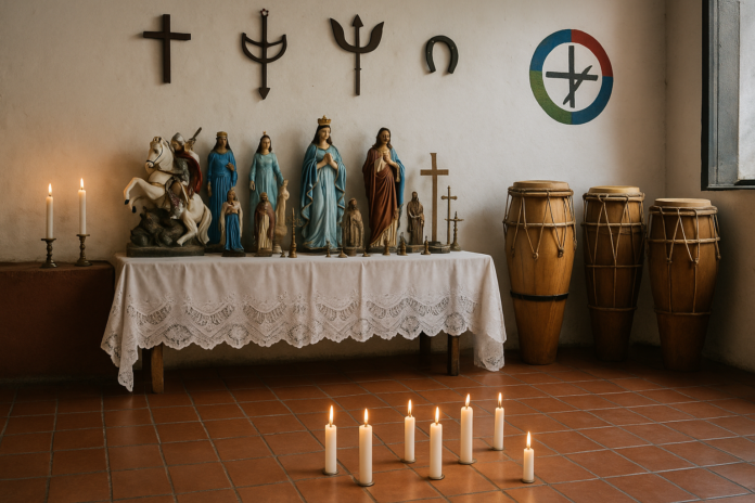 Altar de terreiro de umbanda em BH Centro Altar tradicional de terreiro de umbanda em BH Centro com velas, atabaques e símbolos espirituais.