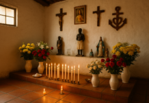 Terreiro Umbanda: como funciona, o que esperar e como escolher Altar de terreiro de Umbanda em Belo Horizonte com velas e flores.