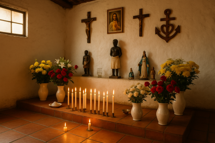 Altar de terreiro de Umbanda em BH Altar de terreiro de Umbanda em Belo Horizonte com velas e flores.