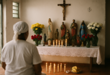 Terreiros de Umbanda Belo Horizonte: guia completo e experiência real Altar de um terreiro de Umbanda em Belo Horizonte com velas, flores e símbolos espirituais