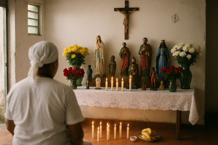 Altar de terreiro de Umbanda em Belo Horizonte Altar de um terreiro de Umbanda em Belo Horizonte com velas, flores e símbolos espirituais