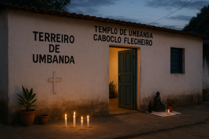 Terreiro de umbanda perto de mim em BH Exterior de um terreiro de umbanda em Belo Horizonte com velas e elementos espirituais.