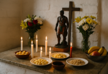 Amarração amorosa BH: o que é, como funciona e cuidados Altar tradicional de terreiro de Umbanda em BH com velas e flores para trabalho amoroso.