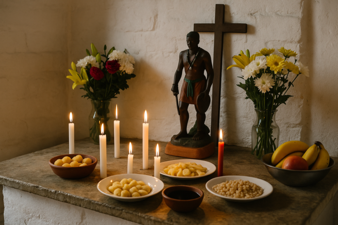 Altar tradicional de terreiro de Umbanda em BH com velas e flores para trabalho amoroso.
