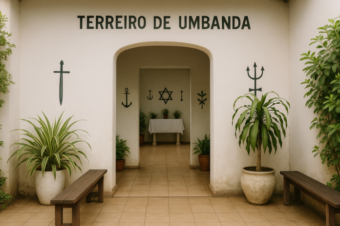 Entrada de uma casa de Umbanda em Belo Horizonte com paredes brancas, plantas e bancos de madeira.