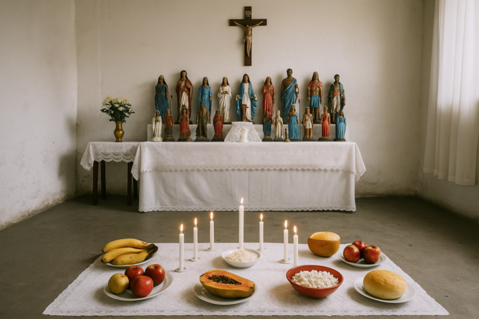 Casa de Umbanda Contagem: altar tradicional Casa de Umbanda em Contagem com altar tradicional, velas e oferendas.