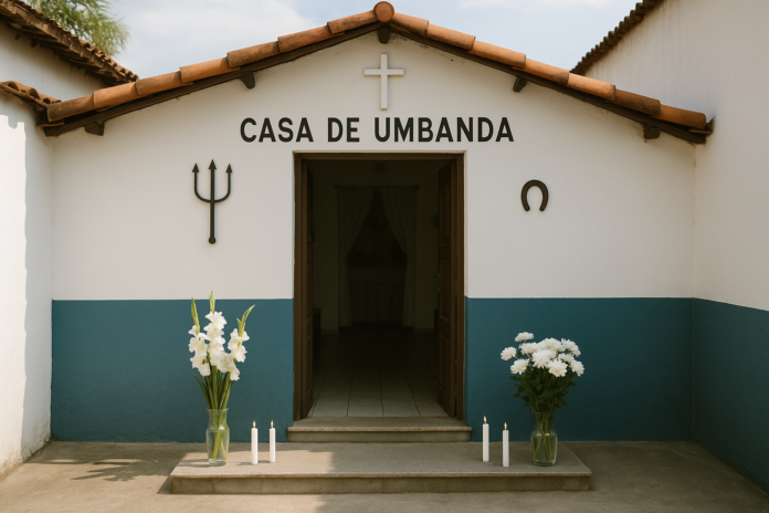 Casa de umbanda perto de mim em Belo Horizonte Entrada de uma casa de umbanda perto de mim, com velas e flores, ambiente acolhedor e limpo.
