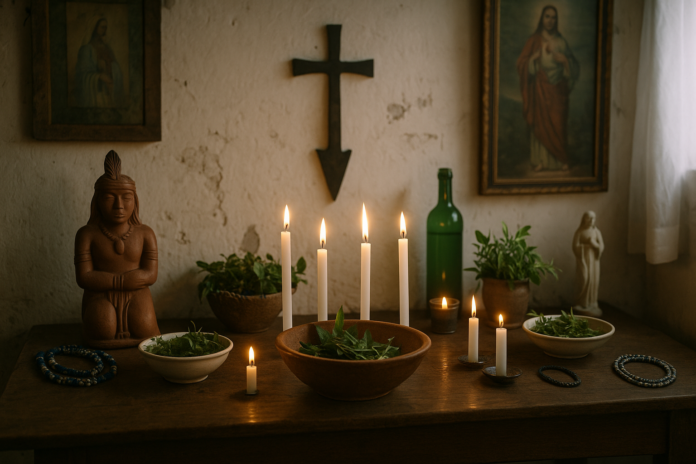 Centro de Umbanda em Belo Horizonte com altar tradicional, velas e ervas.