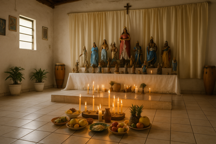 Altar de Umbanda em terreiro de BH Altar tradicional de terreiro de Umbanda em BH com velas e oferendas